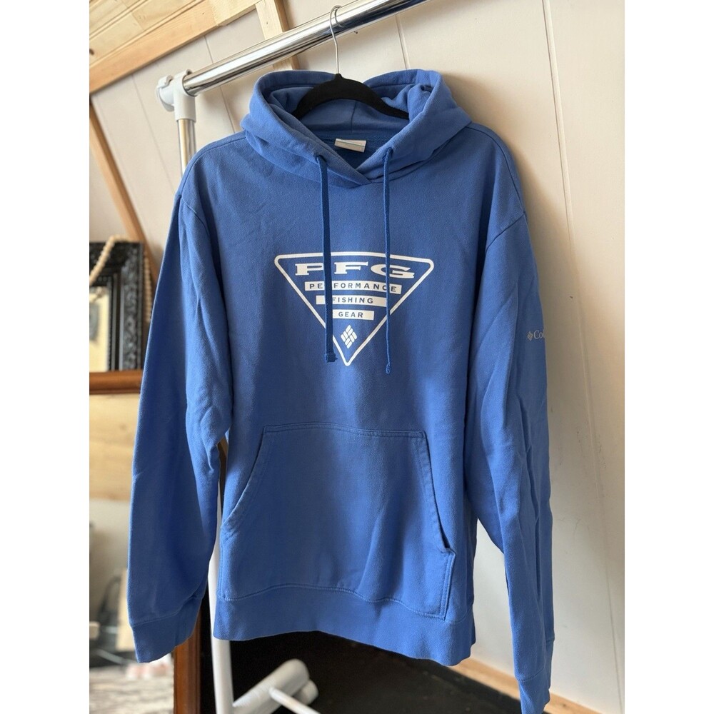 Columbia PFG Blue Fleece Pullover Hoodie Men’s L Graphic Print Pockets Logo